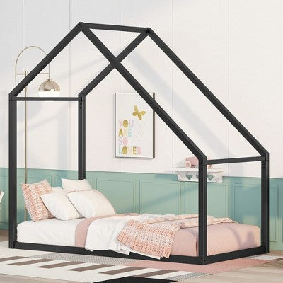 Kids Metal House Bed Anti-Slip Noise Free Twin Size Roof Design Toddler Floor Bed Metal Bed Frame for Kids Boys Girls Teens