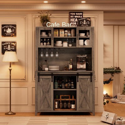 70'' Tall Farmhouse Coffee Bar Cabinet with Sliding Barn Door, Tall Sideboard Buffet with Glass Holder, Wine Bar Cabinet for Dining Room, Home Bar