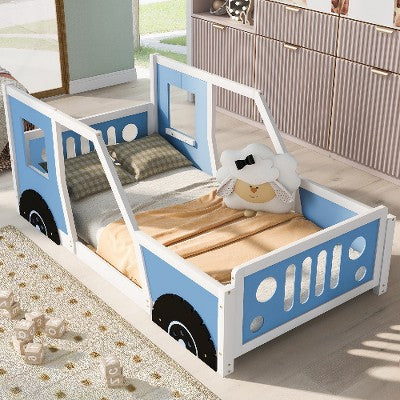 Lyngins Classic Car-Shaped Platform Bed, Twin Size Bed Frame with Decorative Wheels, Doors & Windows, Pine Wood Toddler Bed, Slatted Rail Supports