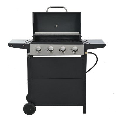Kumasinova 4-Burner Propane Gas BBQ Grill with Side Burner,34000BTU Output,Stainless Steel Grills with Foldable Side Tables,Thermometer&Wheels
