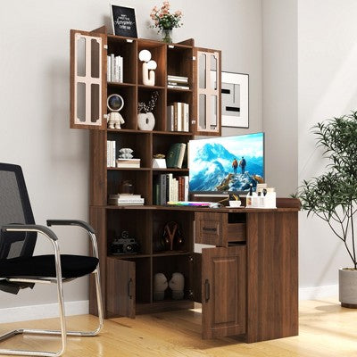 YOOCOZZ 2-in-1 L-Shaped Corner Computer Desk with Drawers, Bookshelf & Hutch-Walnut