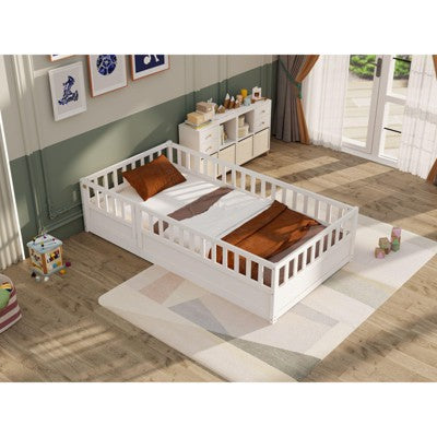 CAVINAS Twin/Full Size Floor Bed,Toddler Floor Bed with High Security Barrier,Door,Montessori Bed for Kids