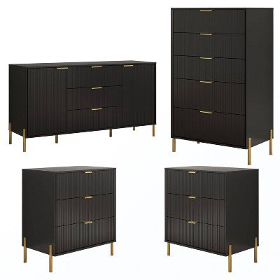 Festivo 4pc Modern Elegance Bedremm Chest and Dresser and 3 Drawer Nightstands Set Black