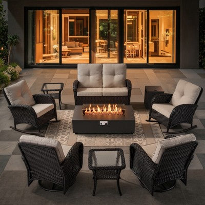 Belord 8PCS Outdoor Furniture Set with Propane Fire Pit, High Back Outdoor Conversation Set with Glider Loveseat, Patio Swivel Glider, Rocking Chair