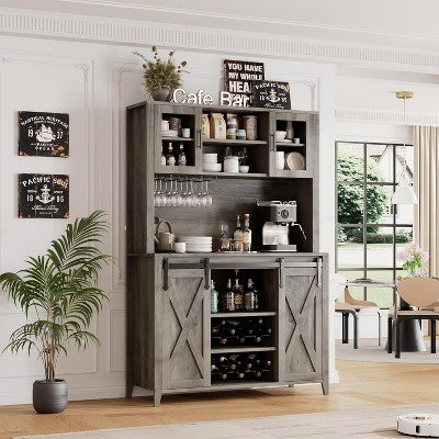 70'' Coffee Bar Cabinet with Storage Hutch and Cup Holder, Tall Kitchen Pantry Cabinet with Sliding Barn Doors, for Home Dining Room