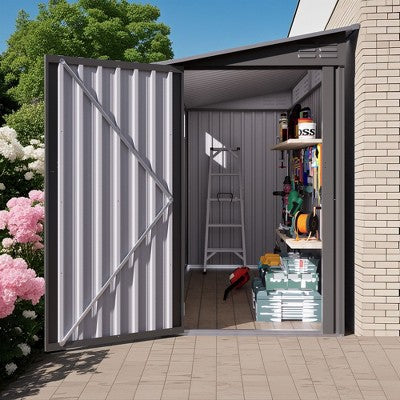 CAVINAS Outdoor Storage Shed with Sloping Roof,Metal Garden Shed with 2 vents and 1 Side Open Door,Compact Tool Shed for Patio