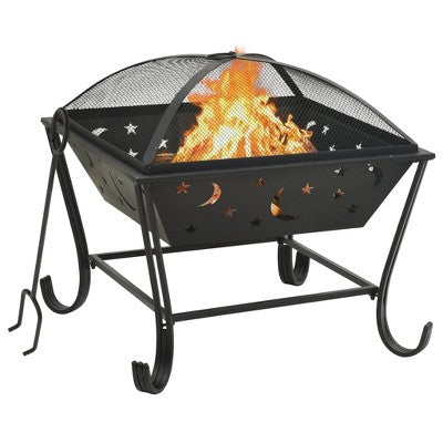 Aghana Digitals 24.4" XXL Steel Fire Pit with Mesh Cover & Poker, Black Outdoor Patio Heater for
