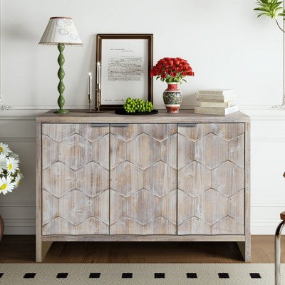 Farmhouse 3-Door Wooden Accent Cabinet Sideboard Buffet Storage with Adjustable Shelves for Living Room, Entryway