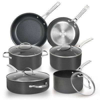 Itopfox 10-Piece Nonstick Cookware Set with Stainless Steel Handles, Hard Anodized Pots and Pans for Induction, Oven & Dishwasher Safe
