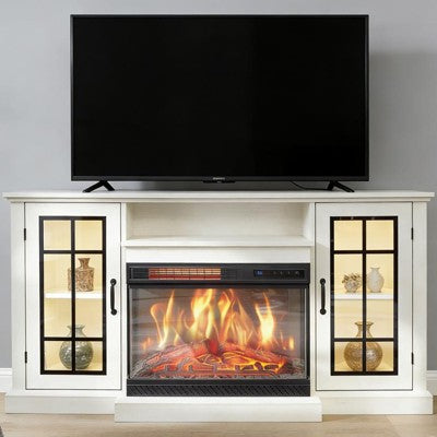 Coolmee 3 Sided Glass Electric Fireplace TV Stand for TVs Up to 65", Media Console with LED Light, Glass Door, Storage, Entertainment Center