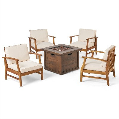 Christopher Knight Home Havana Outdoor Acacia Wood 5 Piece Club Chair and Fire Pit Set with Cushions