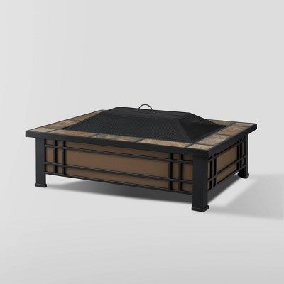 Hamilton Rectangle Wood Burning Fire Pit Brown - Real Flame: Slate Top, Mission Style Frame, Spark Screen & Cover