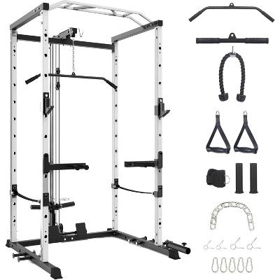 Acekool Power Cage, 1600lb Multi-Functional Squat Rack with LAT Pulldown, Cable System, Dip Bars, 20 Attachments, Home Gym