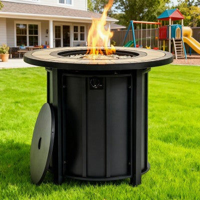 BAOURE 30" Black Round Propane Fire Pit Table with Ceramic Tabletop, 50,000 BTU Outdoor Steel Fire Pit for Patio, Deck and Garden