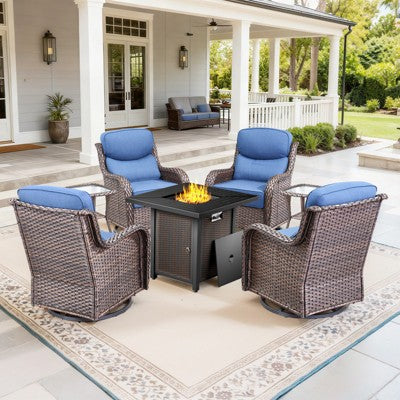 Gymojoy 5/7PCS Outdoor Swivel Chair 6-inch Thick Cushion with Fire Pit Table Patio Furniture Set