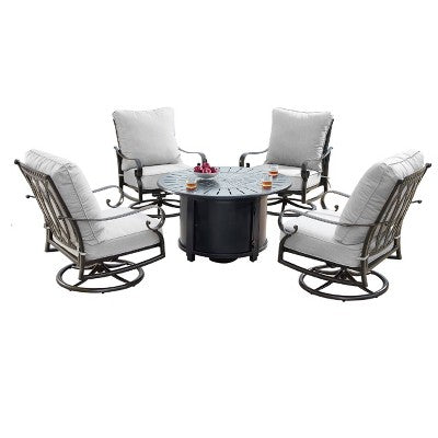 5pc Outdoor Set with 44" Round Aluminum Fire Table Set with 4 Swivel Rocking Chairs & Wind Blocker Lid - Oakland Living