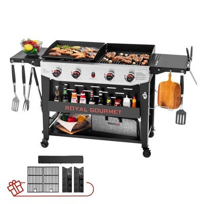 Royal Gourmet 4-Burner 48000 BTU Iron Propane Combination Gas Grill & Cover GD405BTG Black & Silver