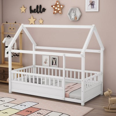 TUYOHW Montessori Floor Bed with Safety Guardrail & Door,Sturdy Slatted Kid's Floor Bed with Solid Pine Wood Frame,300lbs Capacity