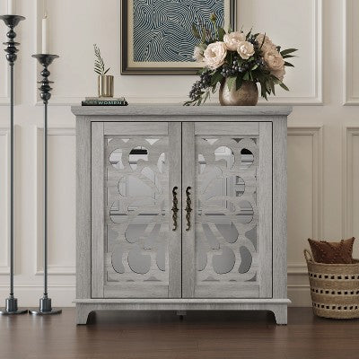 ORRD 34" Sideboard Buffet with 2 Mirrored Doors, Hollow-Carved Butterfly Design, Adjustable Shelf Storage Cabinet Kitchen Living,Brown