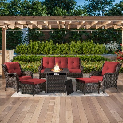 6 Pieces Outdoor Patio Furniture Set with Fire Pit Table, PE Resin All Weather Wicker Patio Propane Fire Pit Set with Patio Couch, Club Chairs in Red