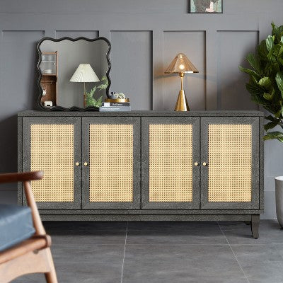 Okak Country Style 4-Door Sideboard Buffet Cabinet, Wooden TV Cabinet with Hollow Door for Kitchen Dining/Living Room Hallway
