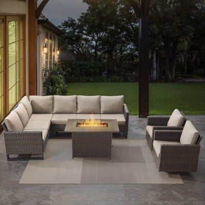 POCASSY L-Shaped Patio Sectional Sofa Set with Fire Pit Table, All Weather Brown Wicker Outdoor Furniture Set with Swivel Chair and Propane Fire Pit