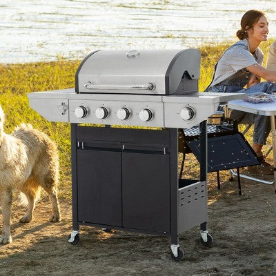 Okak 4 Burners Propane Grill with Side Burner, 46,500 BTU Garden Barbecue Grill, Stainless Steel Outdoor Grill for Outdoor Cooking, Black