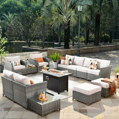 Tenaya 13pc Wicker Outdoor Patio Furniture Set Conversation Sofa with a Metal Fire Pit and Cushions