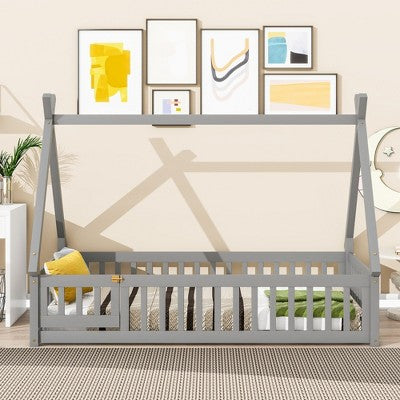 CAVINAS Twin Size Kids Montessori Bed with Guardrails,Floor Bed with Tent-shaped Design for Bedroom,Gray