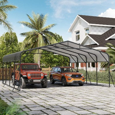 Metal Carport, Outdoor Car Port Canopy with Galvanized Steel Roof and Reinforced Base, Heavy Duty Garage Car Shelter Shade for SUV, Truck, Boats