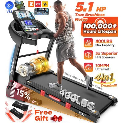 5.1HP Folding Treadmill for Home with 15% Auto Incline,300-400 LB Capacity,Adjustable iPad Holder, 10MPH Speed, 71 Programs,Knee Straps Gift