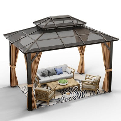 Hardtop Gazebo, 10'x12'/10'x13' Outdoor Polycarbonate Gazebo with Aluminum Frame, Permanent Pavilion and Curtains & Netting