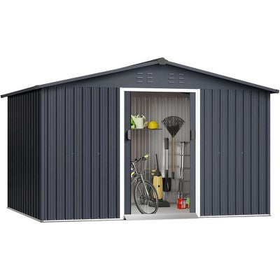 10x12FT Outdoor Metal Storage Shed with Lockable Door, Slanted Roof & Vents, Weatherproof Garden Shed, Large Capacity Tool Storage