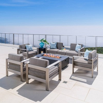 Cape Coral 7pc Aluminum and MGO Firepit Set Dark Gray/Khaki - Christopher Knight Home: Weather-Resistant, with Cushions