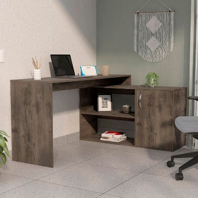 Okak 45.86IN Modern L Shaped Desk, Home Office Desks with 1 Cabinet Door and 4 Shelves, Corner Desk for Reading Room, Study