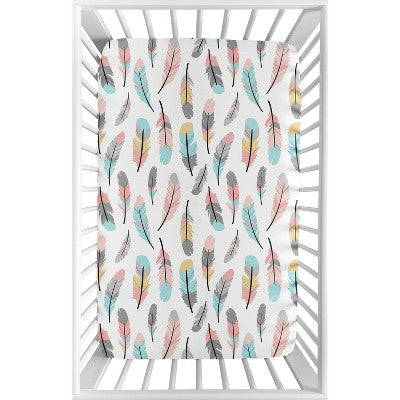 Sweet Jojo Designs Girl Baby Fitted Mini Crib Sheet Feather Blue Pink and Grey