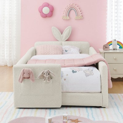 GDFStudio Chloe Twin Size Boucle Montessori Floor Bed with Upholstered Safety Rail