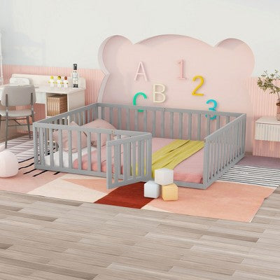 TIRAMISUBEST Twin/Full/Queen Size Wood Floor Platform Bedwith Fence and Door, Solid Wood Floor Bed Montessori Bed with Guardrails