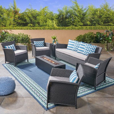 Christopher Knight Home Khaden Outdoor Wicker 7 Seater Sofa and Club Chair Chat Set with Fire Pit