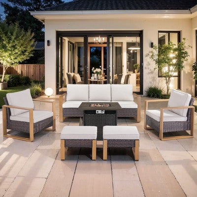 Gymojoy 4/6PCS 50000 BTU Gas Firepit Table with Outdoor 3-Seat Sofa Patio Chair Ottoman Set