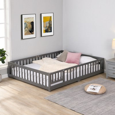Gulches Full Size Pine Wood Floor Bed with Door, Solid Wood Platform Frame & Fence, Gray
