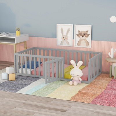 Twin Size Wood Floor Bed Frame with Fence and Door for Kids Bedroom