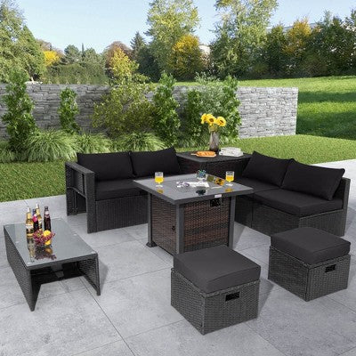 Costway 9 PCS Patio Furniture Set with 32" Fire Pit Table 50,000 BTU Square Propane Fire Pit Black/Grey/Navy/Red/Turquoise/White