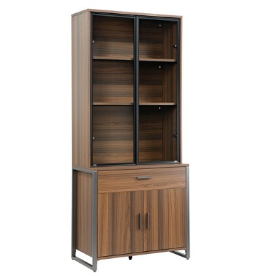 77'' Display Bookshelf with Glass Door and Storage Cabinets,Walnut & Gray,17.4"D x 32.99"Wx 77.17"H