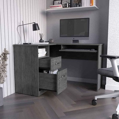 XIYUYEU L-Shaped Home Office Desk Modern Computer Desk with Shelf, Storage Drawers and Keyboard Tray for Office