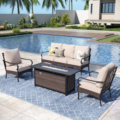 Captiva Designs 4pc Extra Large Metal and Rattan Outdoor Patio Fire Pit Set with Armchairs