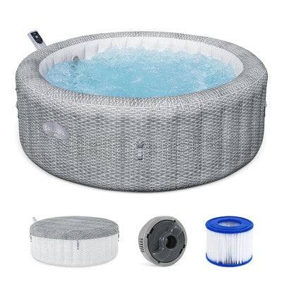 Bestway SaluSpa Bali Smart AirJet Inflatable Hot Tub Round Portable 4 to 6 Person Spa with 140 AirJets, App Control and EnergySense Cover, Grey Rattan