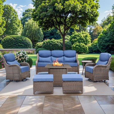 Gymojoy 7 Pieces Outdoor Patio Wicker Sofa Swivel Chair Ottoman with 6 Inch Cushions and Fire Pit Table