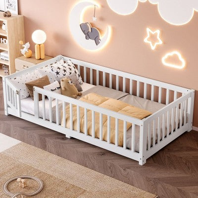 Sapphtopaz Kids Bed Frame, Safe Floor Bed with Guardrails & Door for Toddlers, Kids’ Bedrooms (Twin/Full/Queen Size)