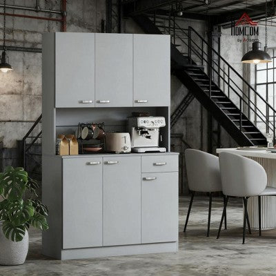 Kitchen Pantry Tall Storage Cabinet with Microwave Countertop, Drawer & Adjustable Shelves, Multi-Room Storage for Kitchen, Dining, or Office